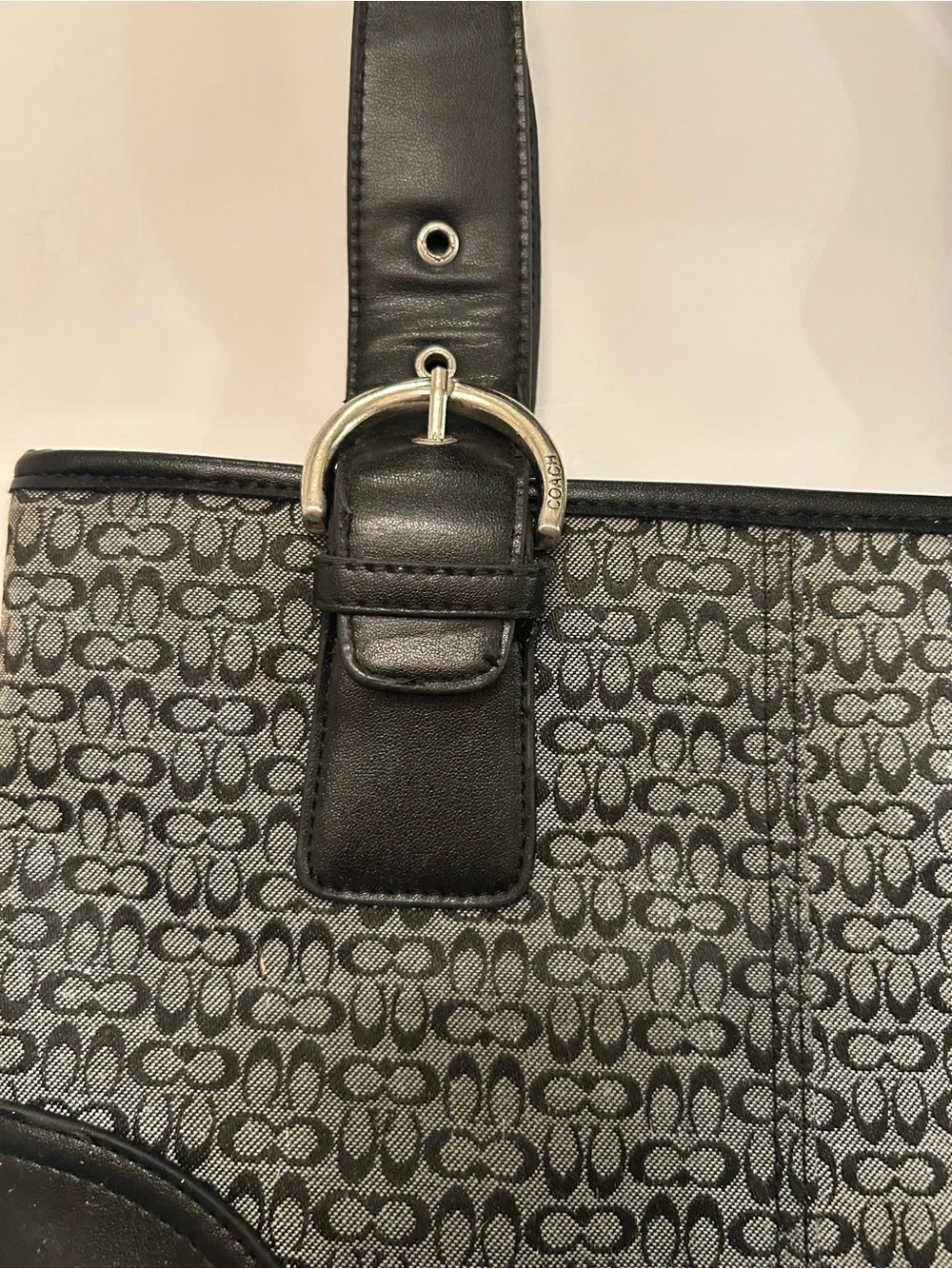 Vintage Coach Soho Signature small black and grey canvas satchel bag